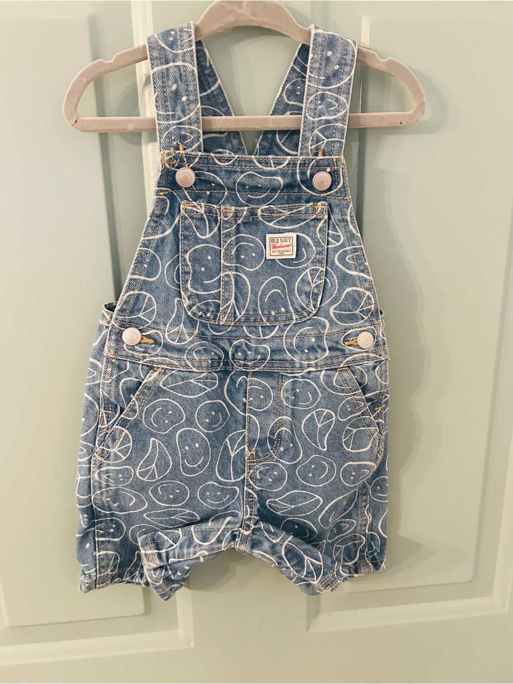 Baby Old Navy Denim Short Overalls with White Smiley Print Unisex